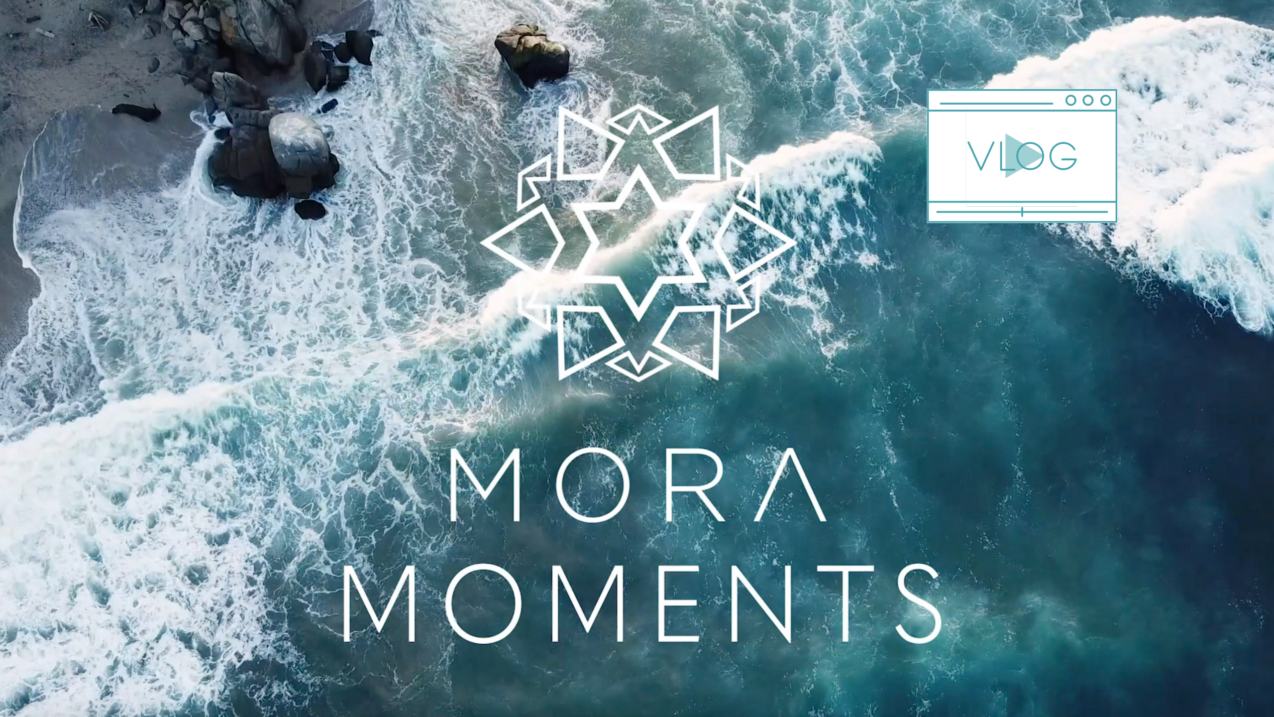 mora moments vlog, aerial shot of ocean breaking with logo and brand name overlaid